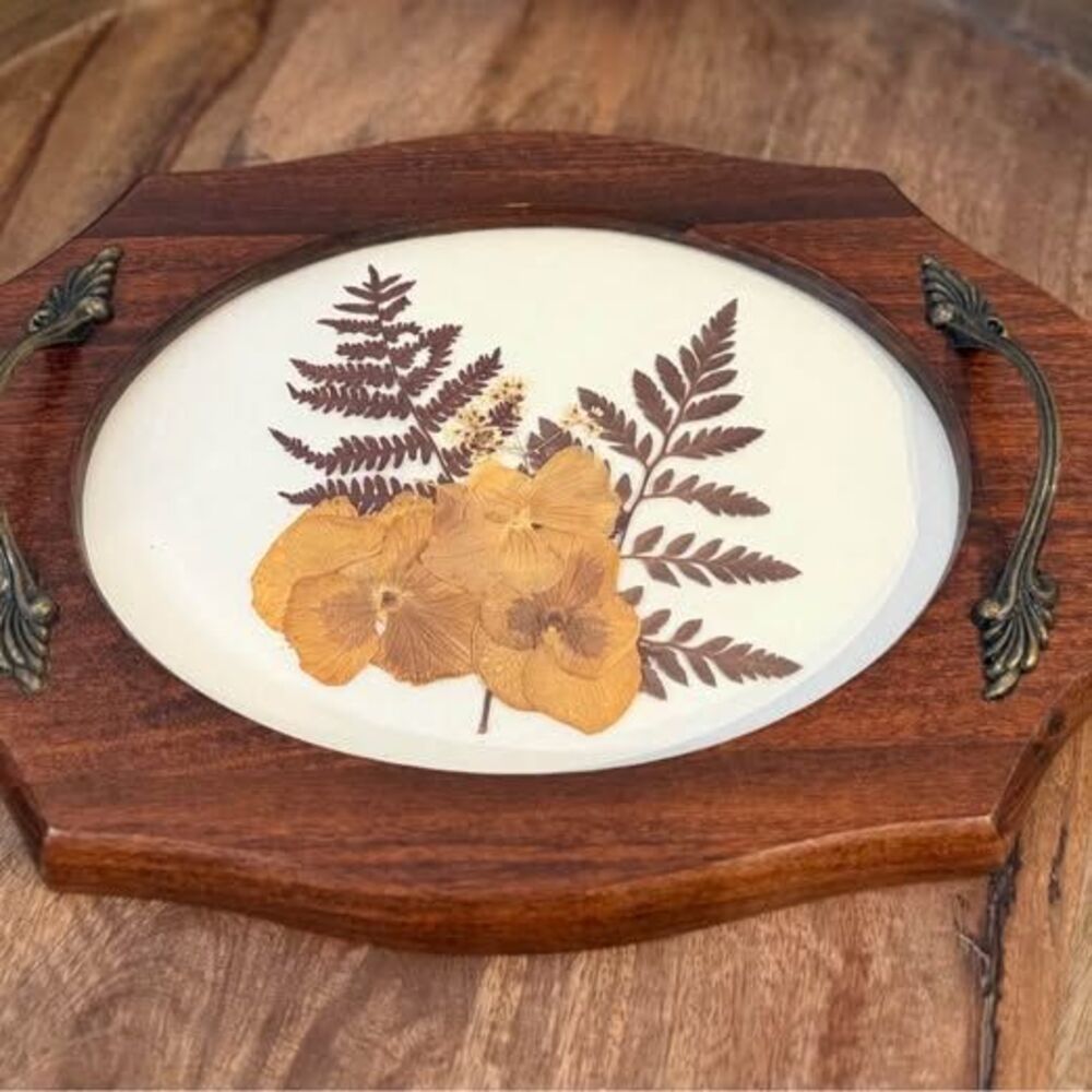 Vintage Wooden Pressed Flower Serving Tray